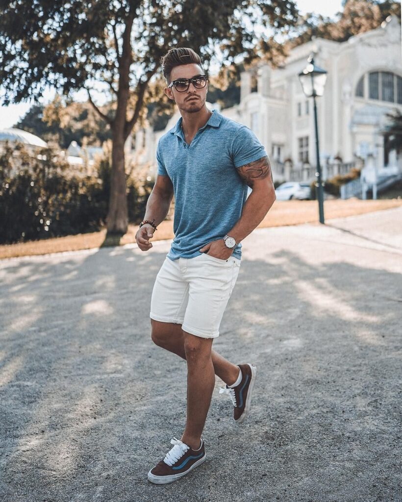 White denim shorts outfit ideas for men