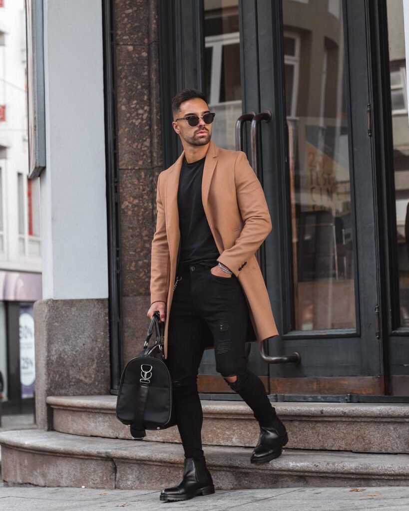 Camel topcoat outfit ideas for men