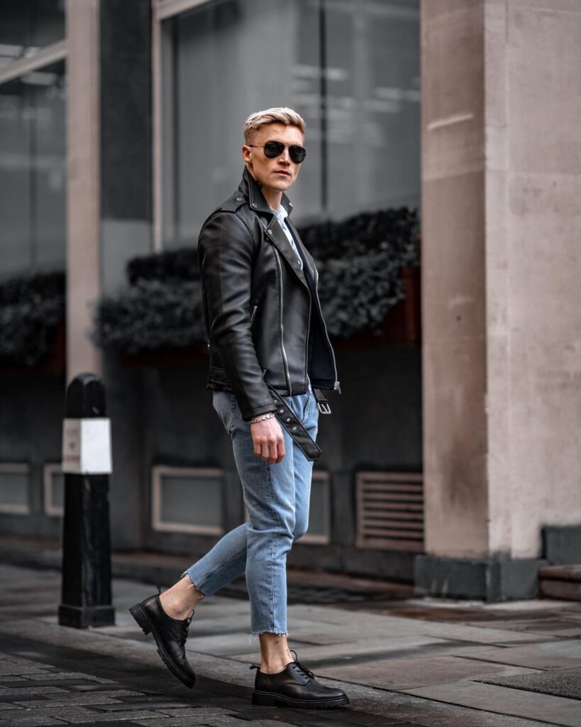 Leather Biker jacket outfits for men that are not all black