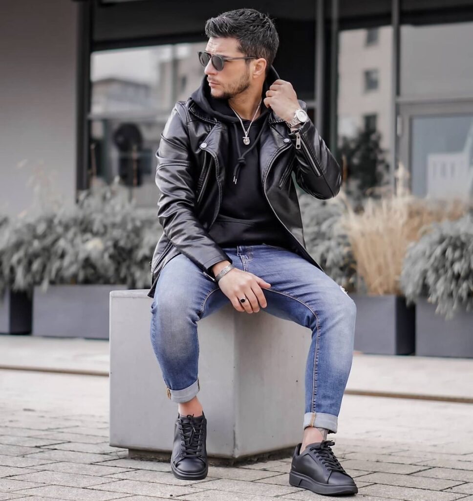 Leather Biker jacket outfits for men that are not all black