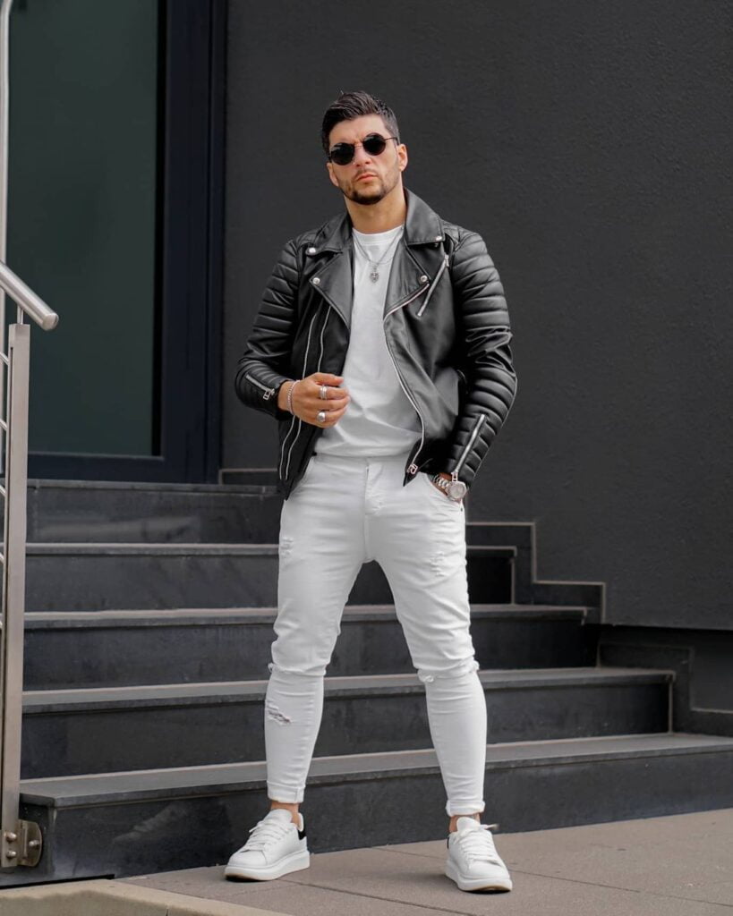 Leather Biker jacket outfits for men that are not all black