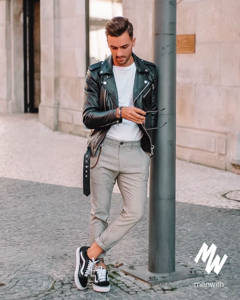 Leather Biker jacket outfits for men that are not all black