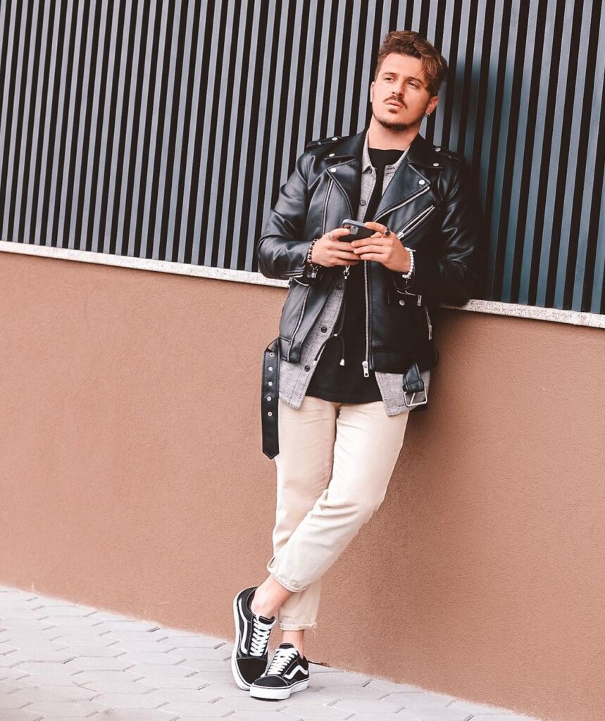 Leather Biker jacket outfits for men that are not all black