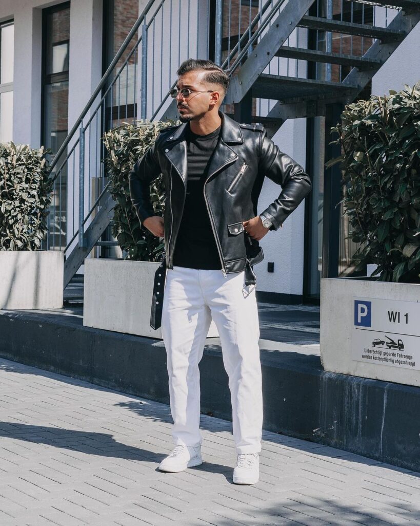 Leather Biker jacket outfits for men that are not all black