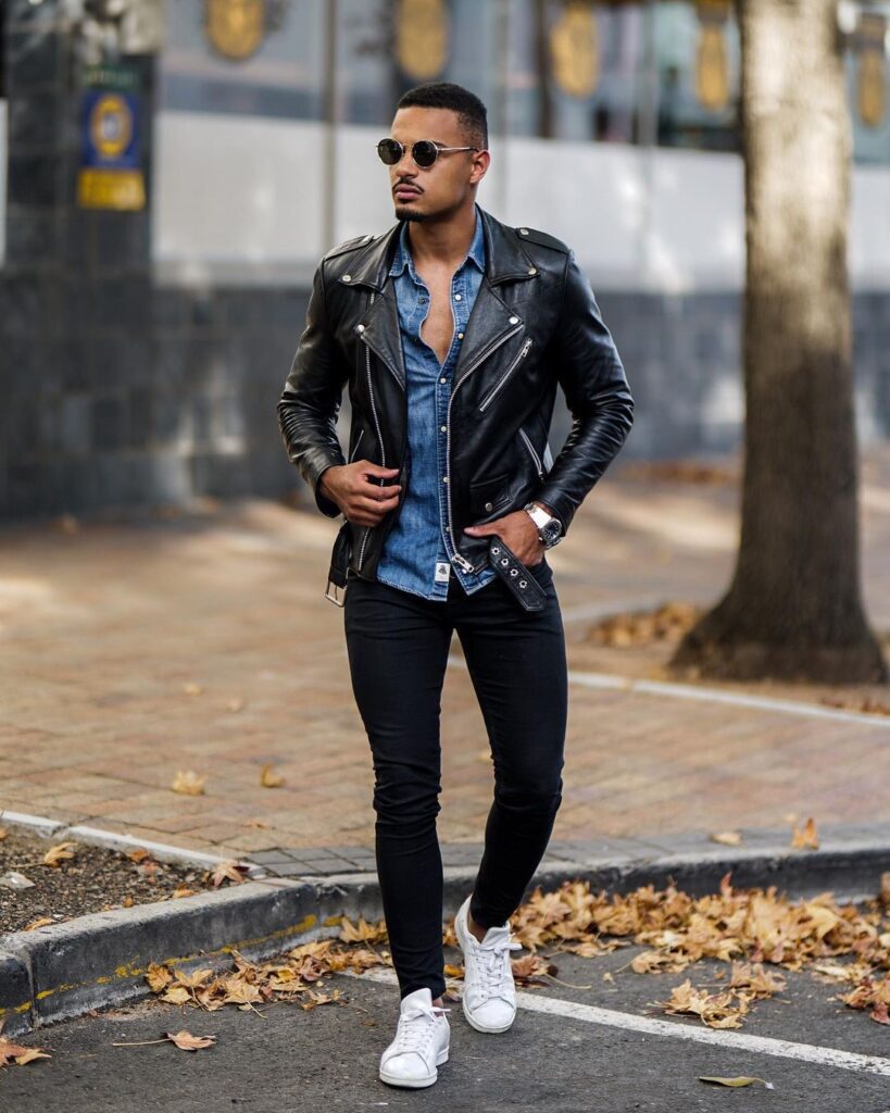 Leather Biker jacket outfits for men that are not all black