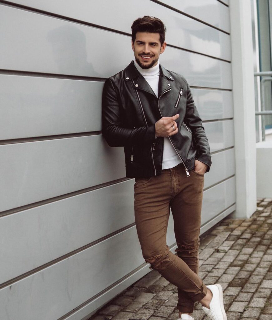 Leather Biker jacket outfits for men that are not all black