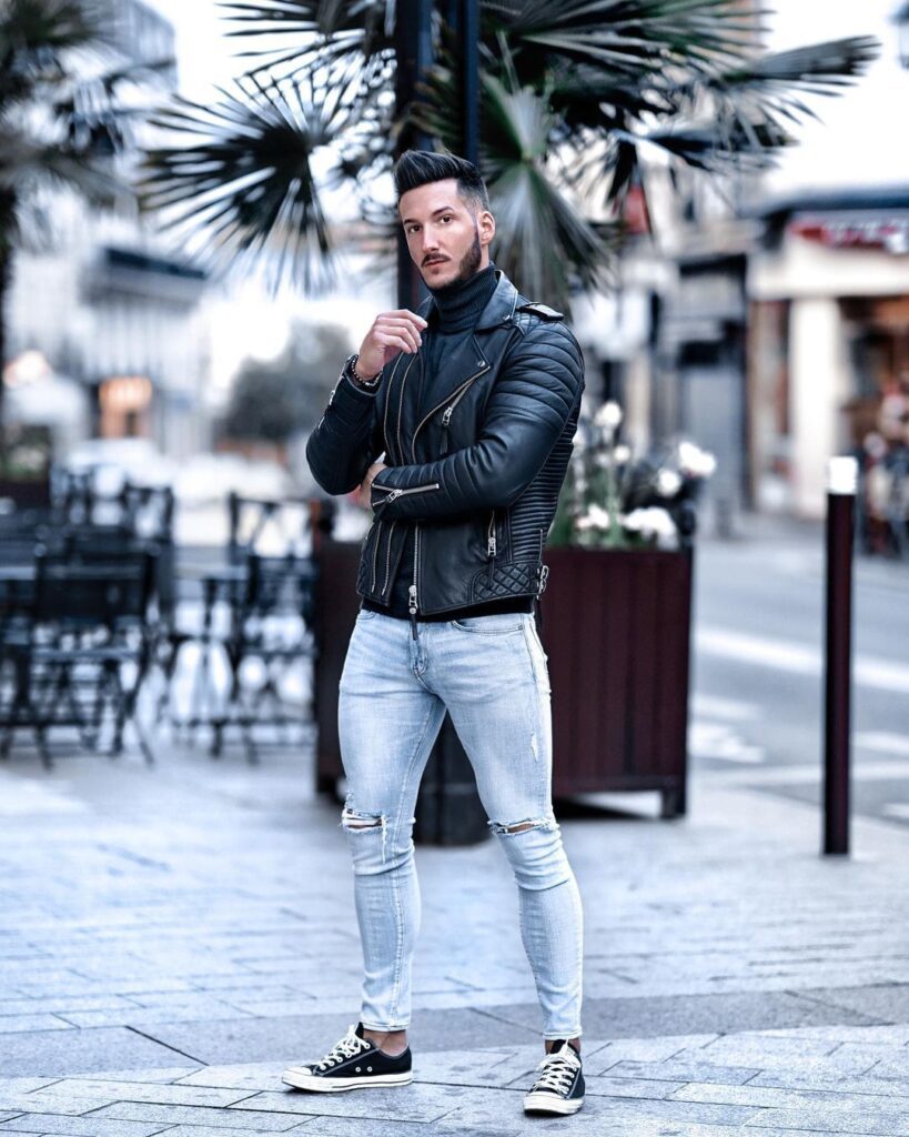 Leather Biker jacket outfits for men that are not all black