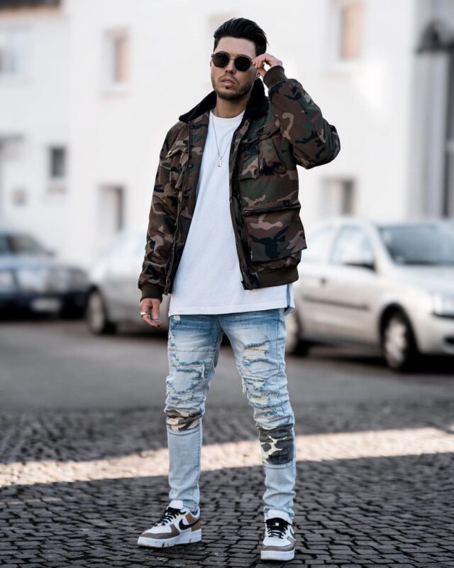 Camouflage jacket outfit ideas for guys.