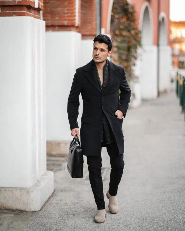 black overcoat outfit ideas for guys.
