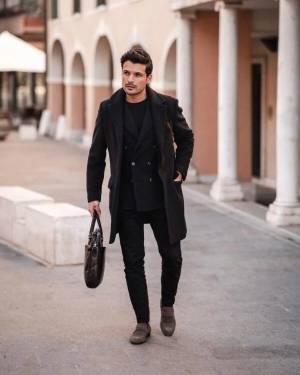black overcoat outfit ideas for guys.