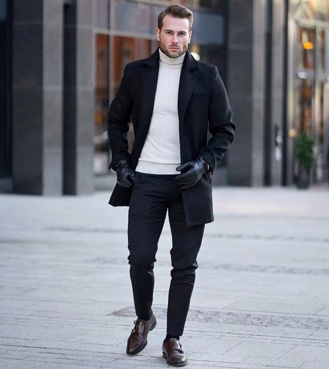 black overcoat outfit ideas for guys.