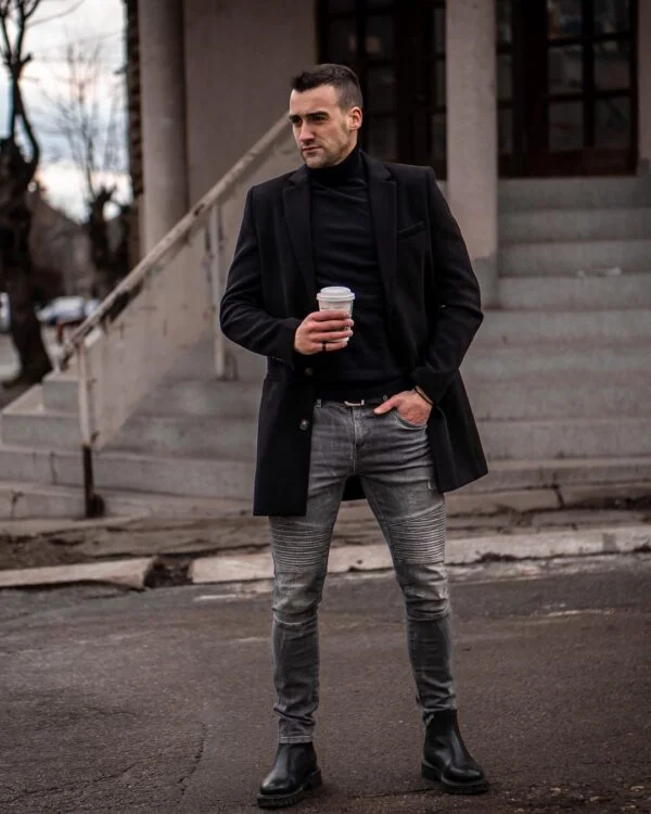 black overcoat outfit ideas for guys.