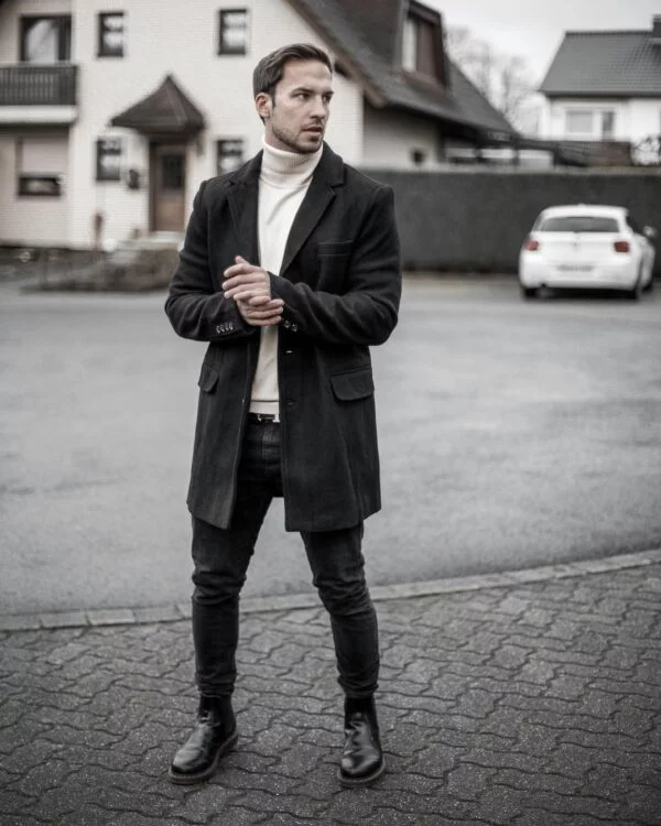 black overcoat outfit ideas for guys.