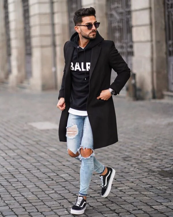 black overcoat outfit ideas for guys.