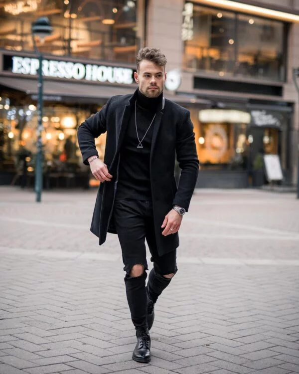 black overcoat outfit ideas for guys.