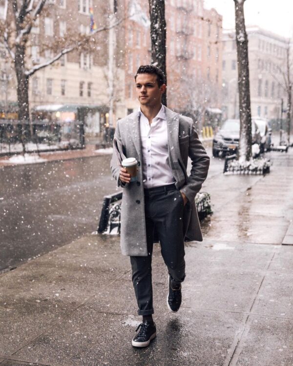 Stylish gray overcoat outfits for guys.