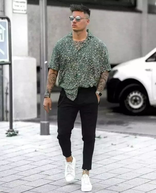 short-sleeve floral print shirt outfit ideas for guys.