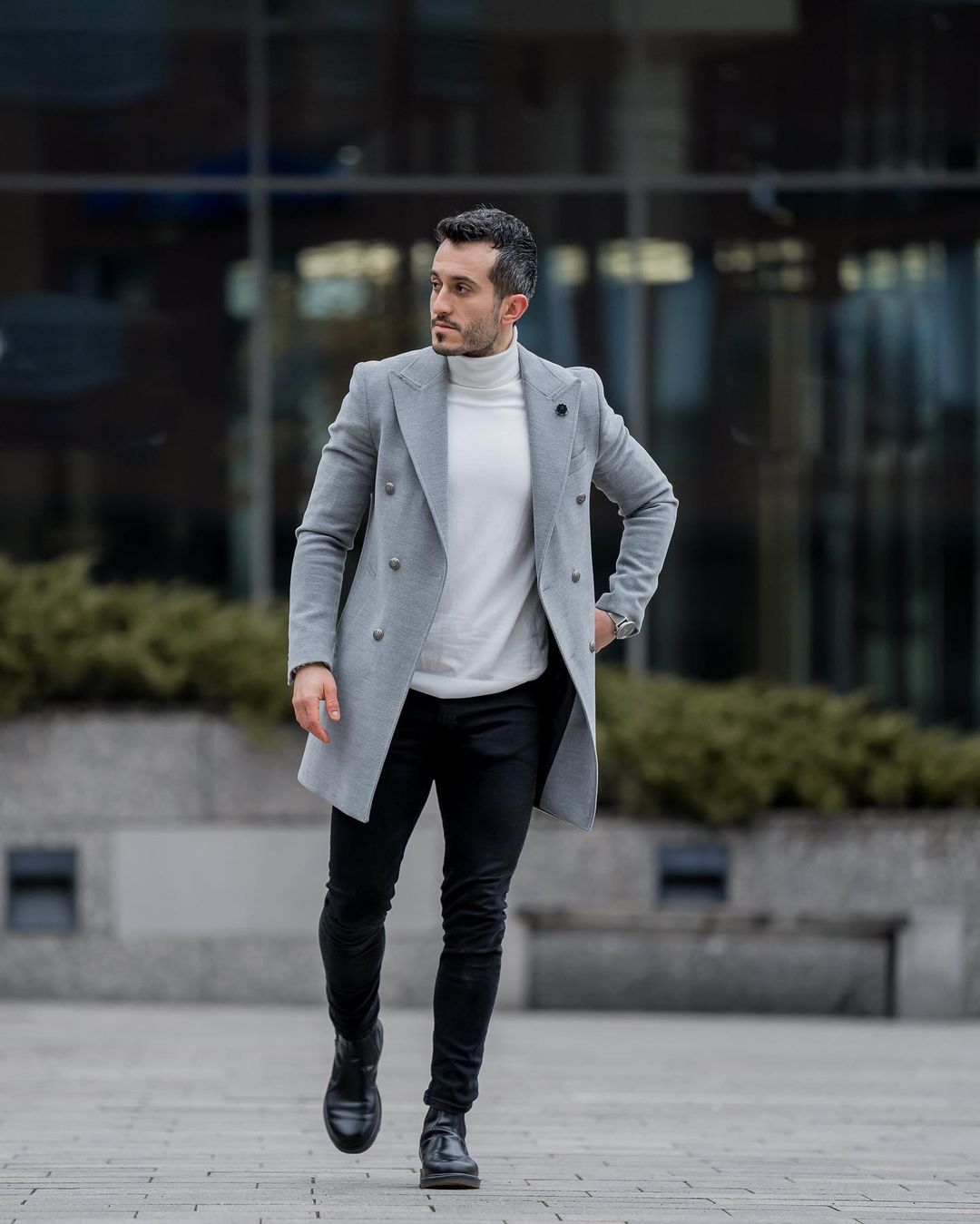 grey blazer black pants brown shoes