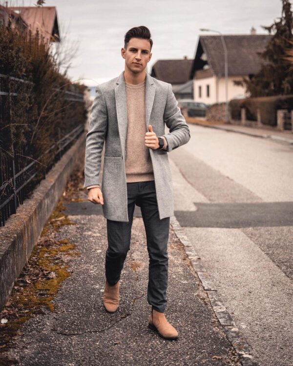 Gray overcoat outfits for guy.