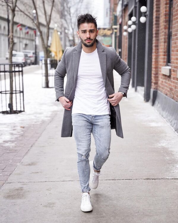 Stylish grey overcoat outfit ideas for guys.