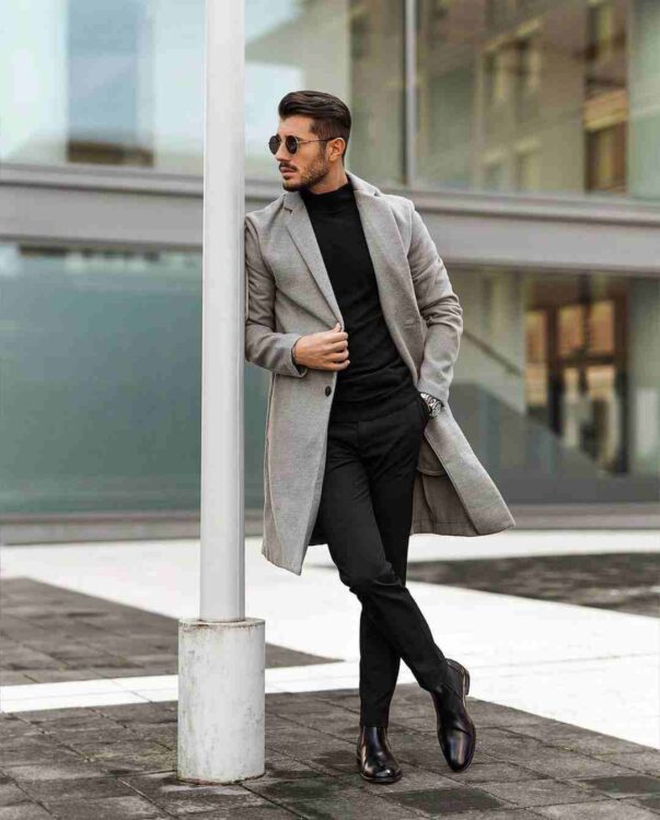 Stylish grey overcoat outfit ideas for guys.