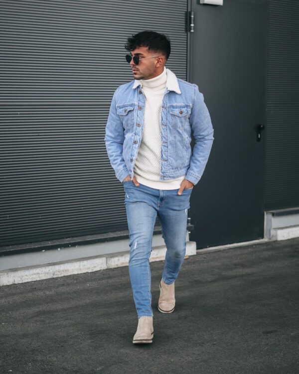 Light blue denim jacket outfit ideas for men.