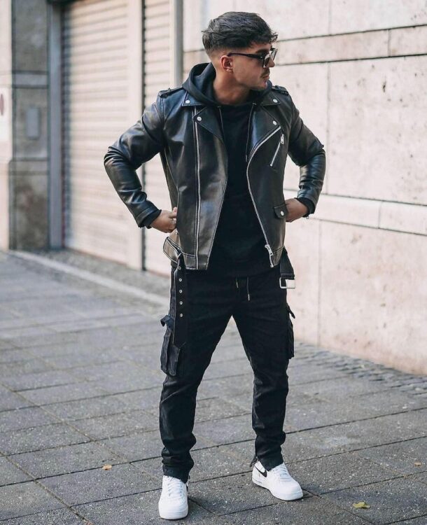 Black hoodie outfits with a biker jacket
