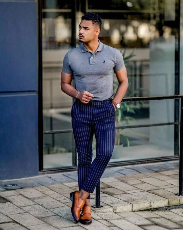 Navy pinstripe pants outfit ideas.