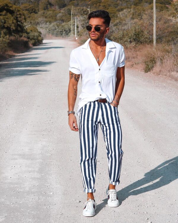 How to style navy pinstripe pants?