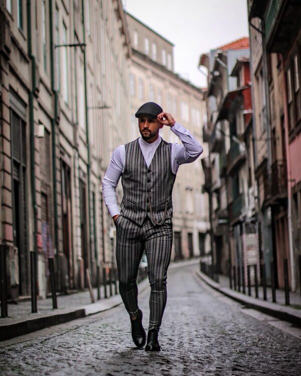 Grey striped pants outfits men's