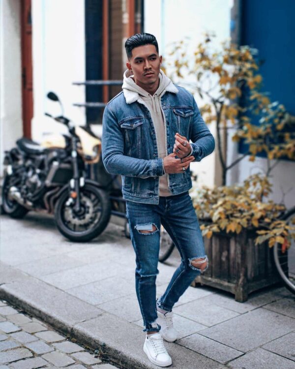 A hoodie with a double denim look.