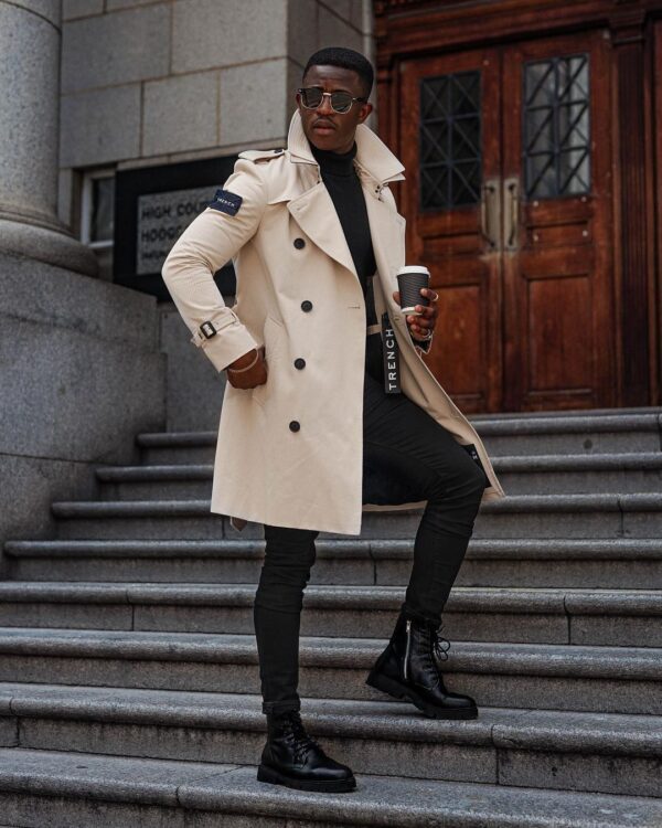 Tan trench coat outfit.