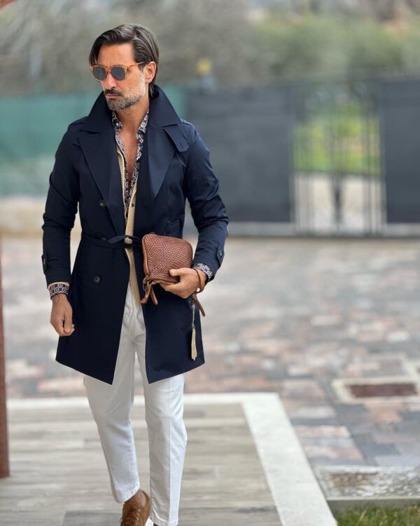 A navy trench coat style in a chic casual way
