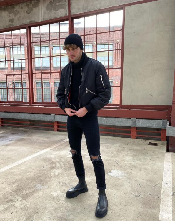 Black bomber jacket outfits men's